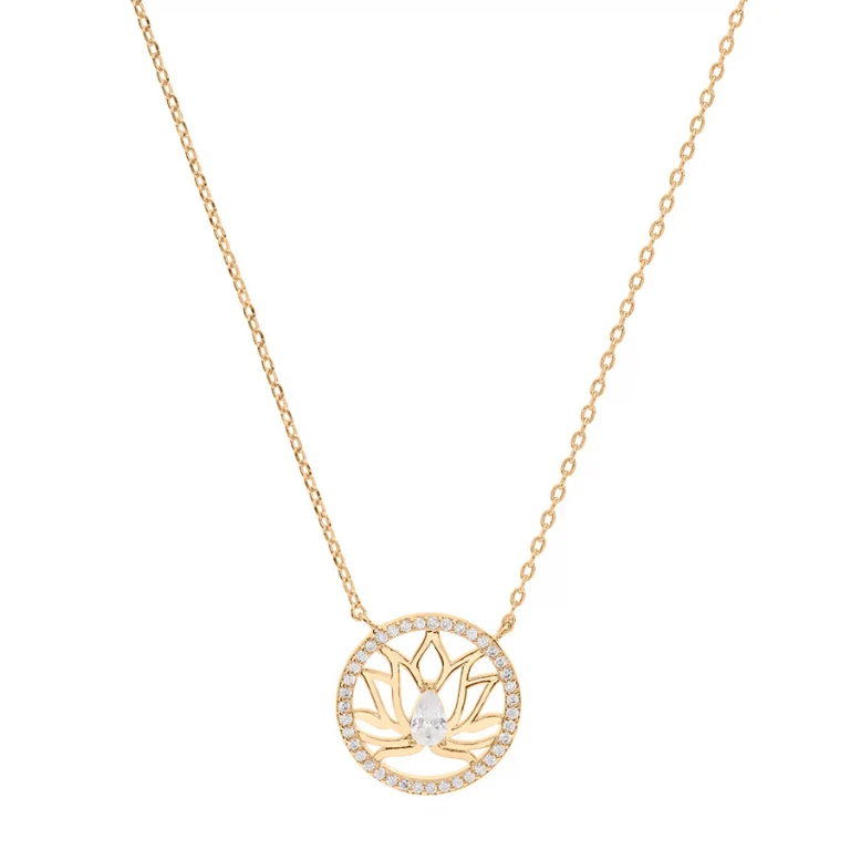 Collier fleur de lotus dans un cercle serti d’oxydes blancs – Plaqué or | Azuline
