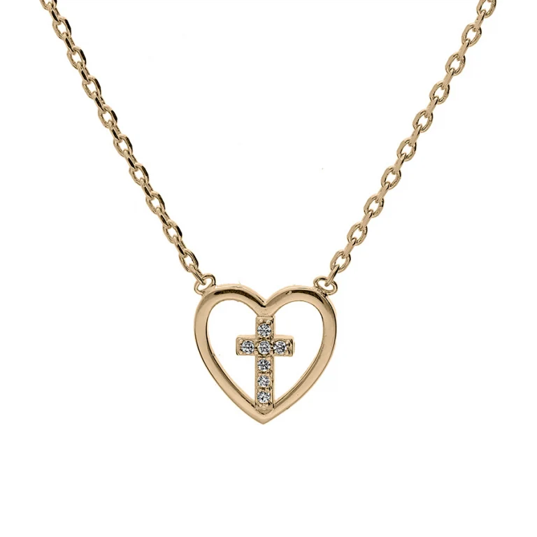Collier cœur ajouré et croix sertie d’oxydes blancs – Plaqué or | Azuline