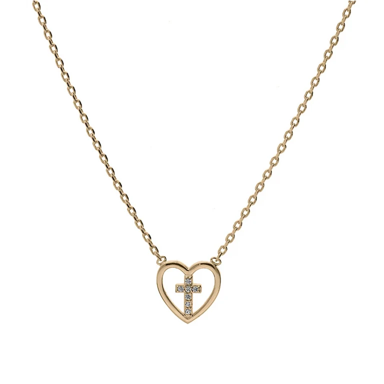 Collier cœur ajouré et croix sertie d’oxydes blancs – Plaqué or | Azuline