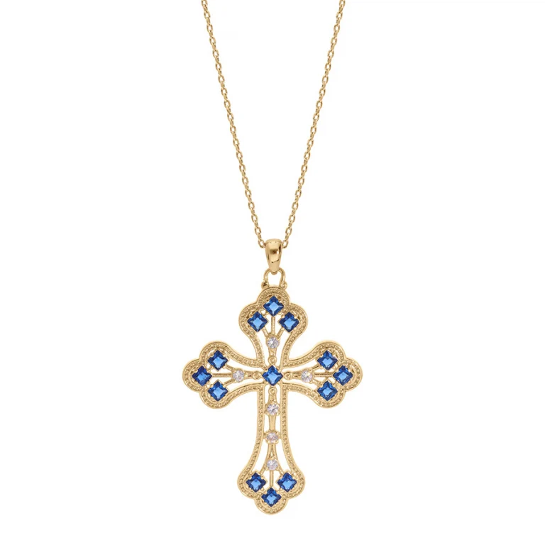 Collier croix serti d’oxydes bleu foncé et blancs – Plaqué or | Azuline