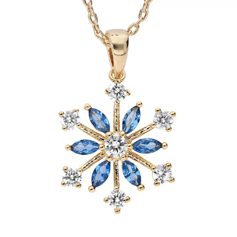 Collier flocon serti d’oxydes blancs et navettes bleues – Plaqué or | Azuline