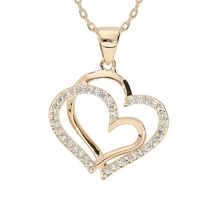 Collier double cœur superposé lisse et serti – Plaqué or | Azuline