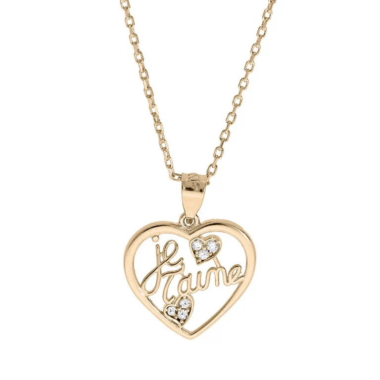 Collier cœur « je t’aime » serti d’oxydes blancs – Plaqué or | Azuline