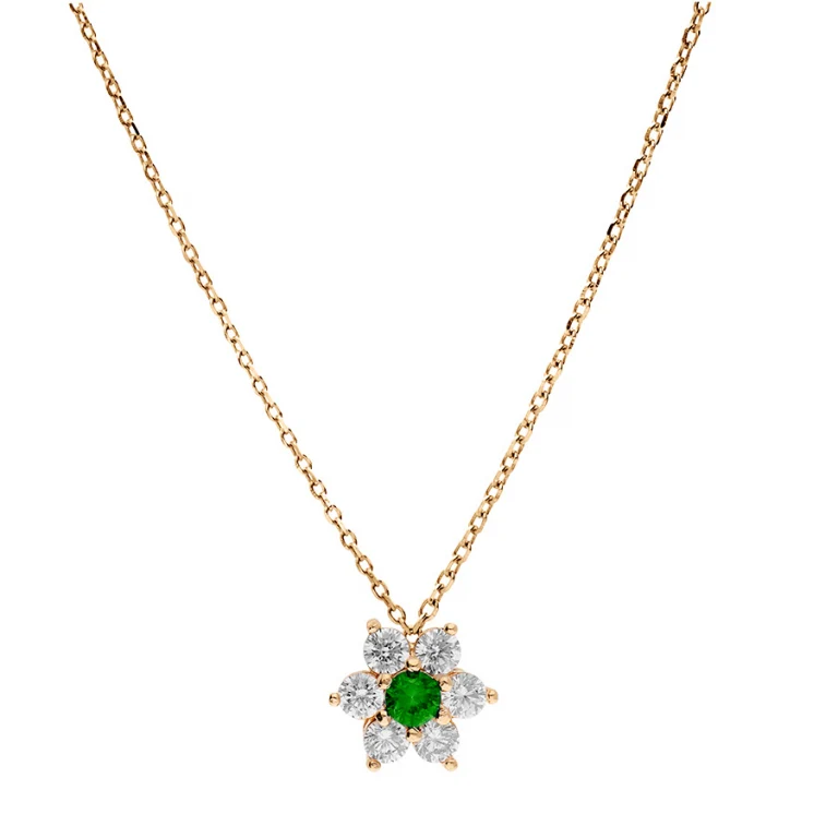 Collier fleur serti d’oxydes blancs et centre vert foncé – Plaqué or | Azuline