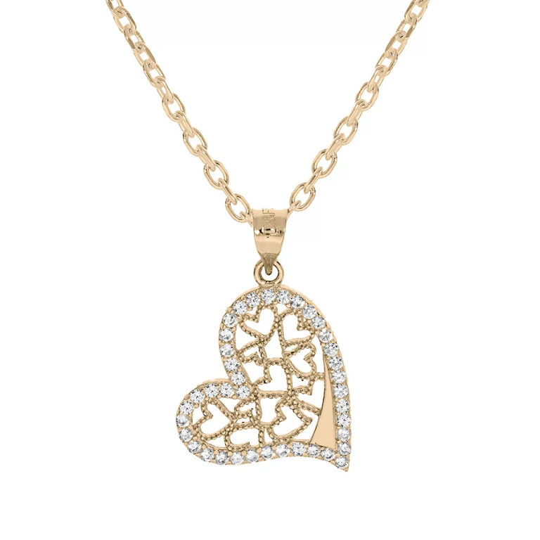 Collier cœur serti d’oxydes blancs filigrané – Plaqué or | Azuline
