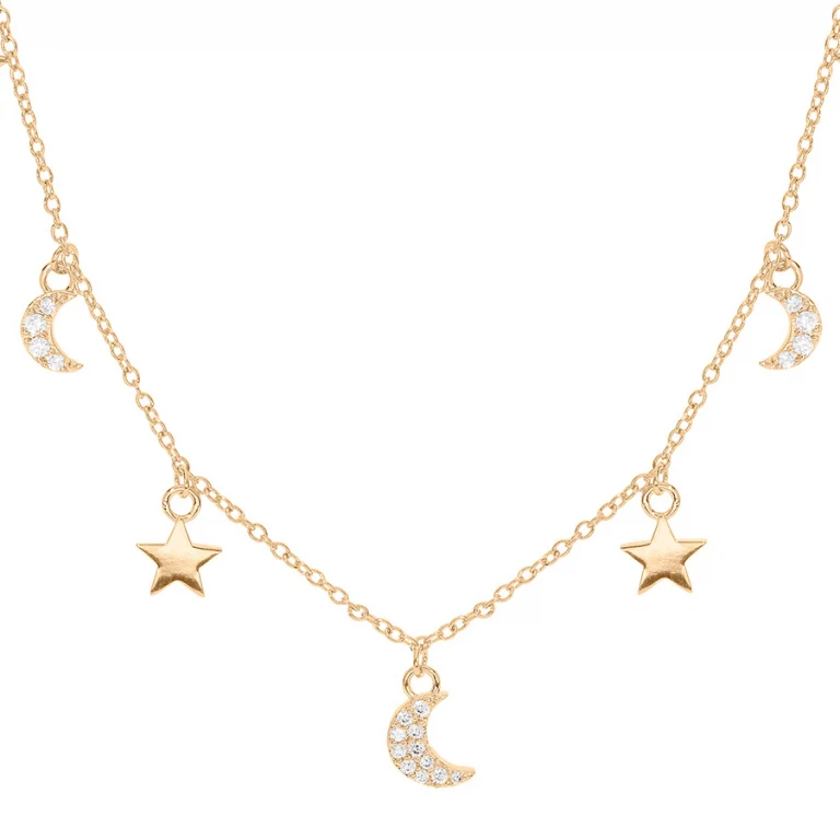 Collier pampilles lune et étoile serties d’oxydes – Plaqué or | Azuline