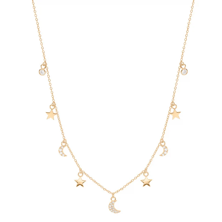 Collier pampilles lune et étoile serties d’oxydes – Plaqué or | Azuline