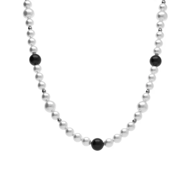 Collier long perles blanches et noires imitation 55 cm – Acier | Azuline