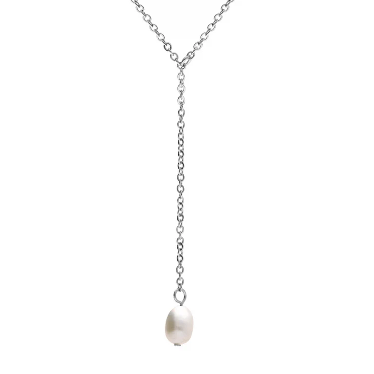 Collier en Y à perle de culture d’eau douce – Acier | Azuline