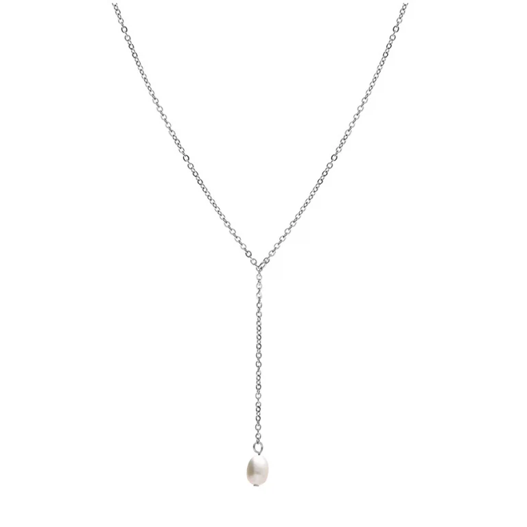 Collier en Y à perle de culture d’eau douce – Acier | Azuline