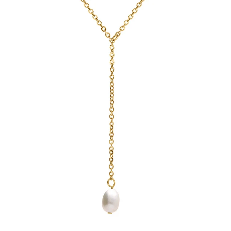 Collier en Y à perle de culture d’eau douce – Acier doré | Azuline