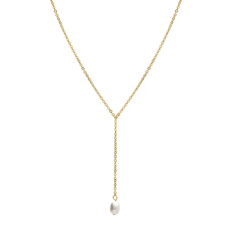 Collier en Y à perle de culture d’eau douce – Acier doré | Azuline