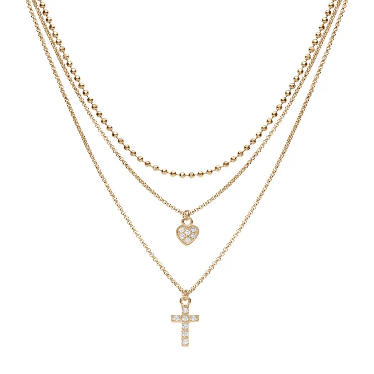Collier ras de cou cœur et croix 40 cm – Argent 925 doré | Azuline