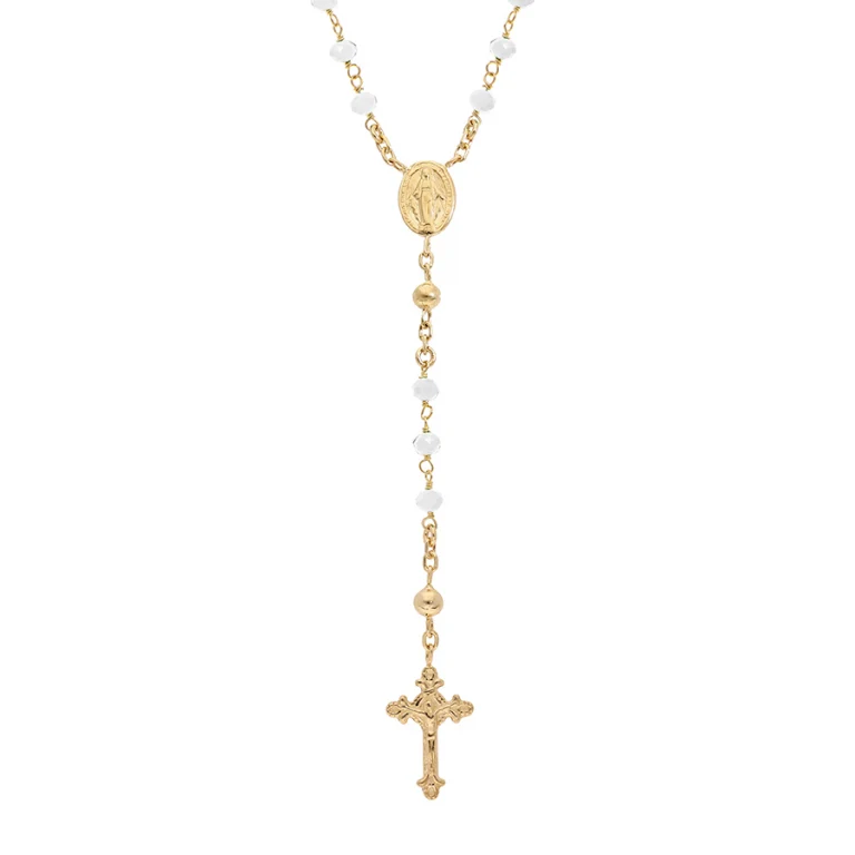 Collier long chapelet à perles de verre blanches 55 cm – Argent 925 doré | Azuline
