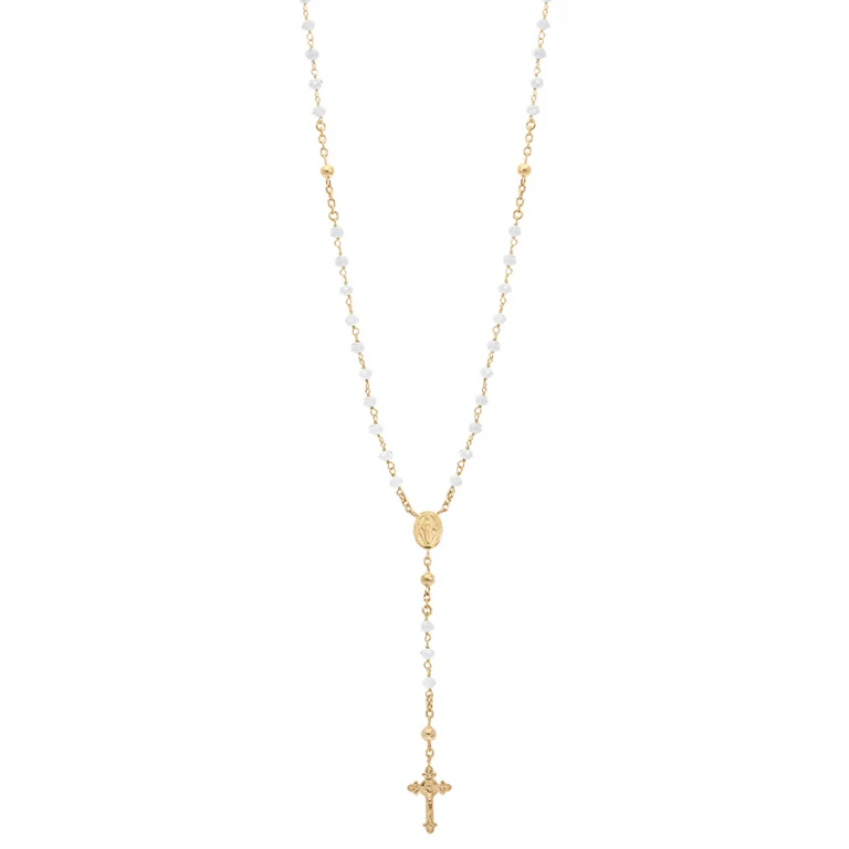 Collier long chapelet à perles de verre blanches 55 cm – Argent 925 doré | Azuline