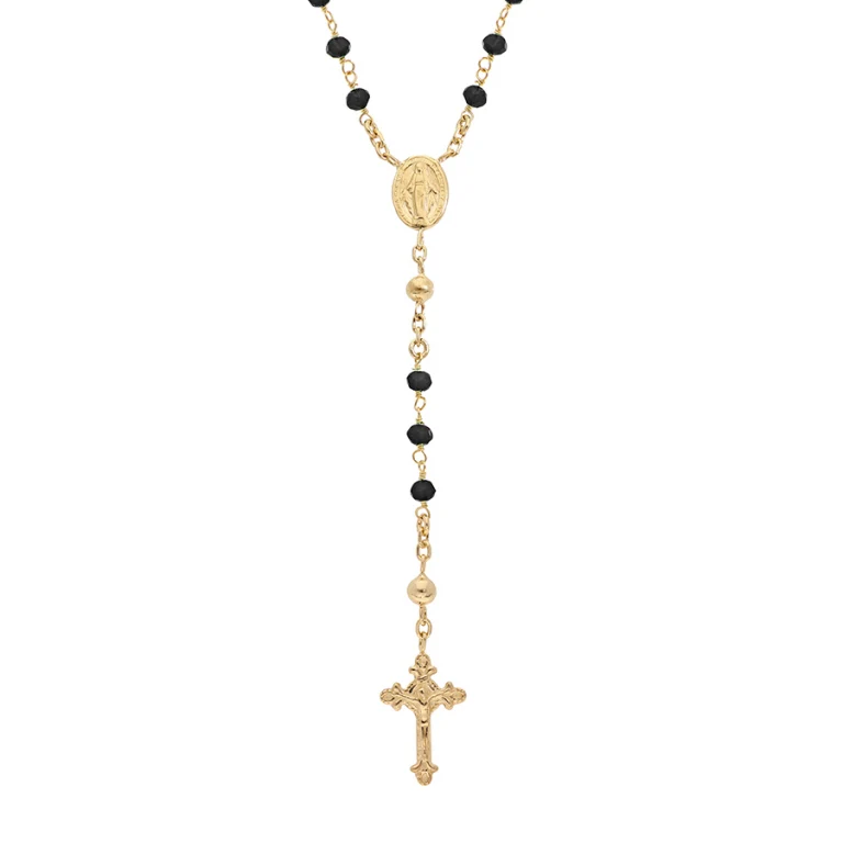 Collier long chapelet à perles de verre noires 55 cm – Argent 925 doré | Azuline