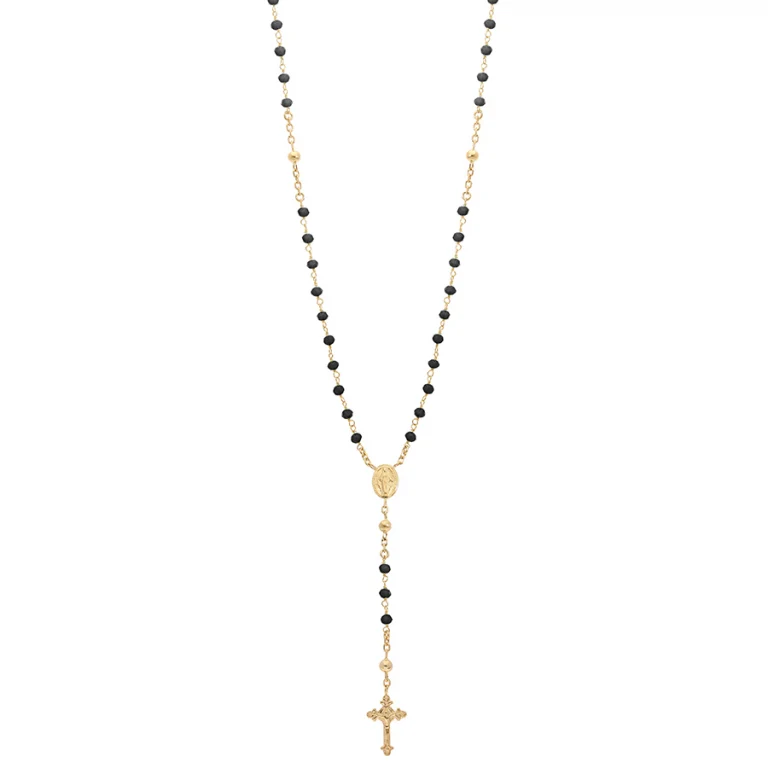 Collier long chapelet à perles de verre noires 55 cm – Argent 925 doré | Azuline