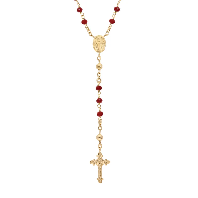 Collier long chapelet à verre facetté grenat 55 cm – Argent 925 doré | Azuline