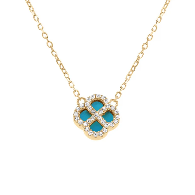 Collier trèfle à turquoise imitation et oxydes blancs – Argent 925 doré | Azuline