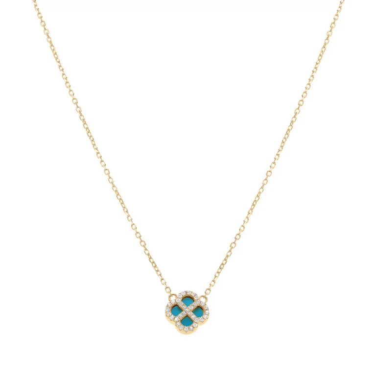 Collier trèfle à turquoise imitation et oxydes blancs – Argent 925 doré | Azuline
