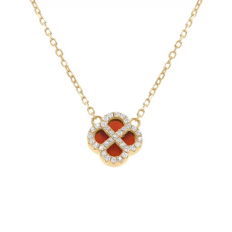 Collier trèfle à agate rouge véritable, oxydes blancs – Argent 925 doré | Azuline