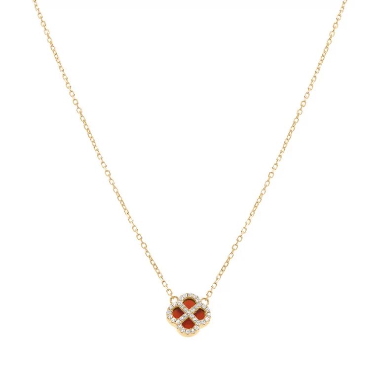 Collier trèfle à agate rouge véritable, oxydes blancs – Argent 925 doré | Azuline