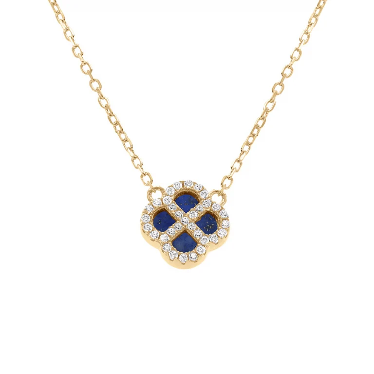 Collier trèfle à verre bleu foncé et oxydes blancs – Argent 925 doré | Azuline