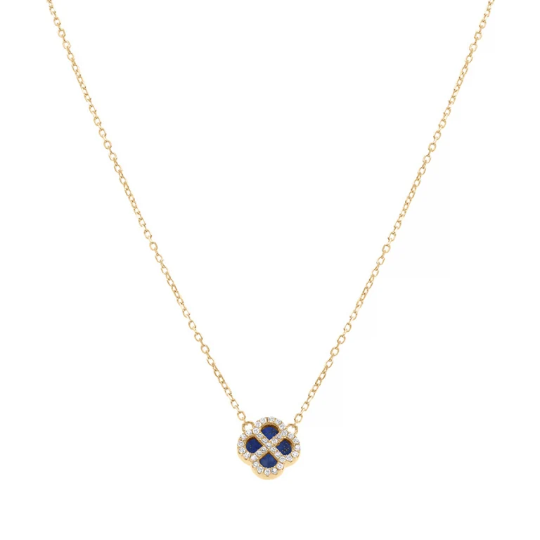 Collier trèfle à verre bleu foncé et oxydes blancs – Argent 925 doré | Azuline