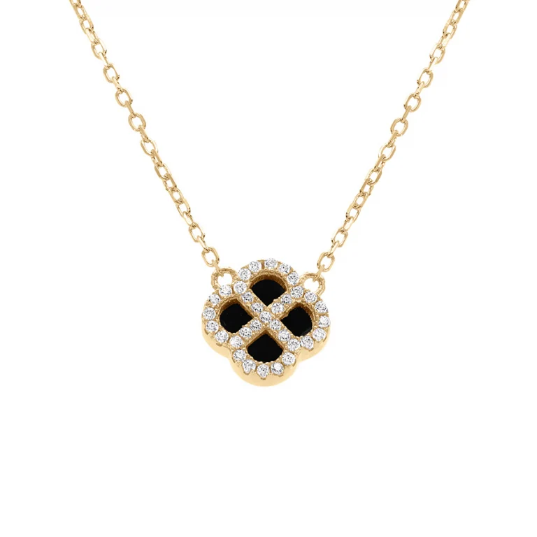 Collier trèfle à agate noir véritable, oxydes blancs – Argent 925 doré | Azuline