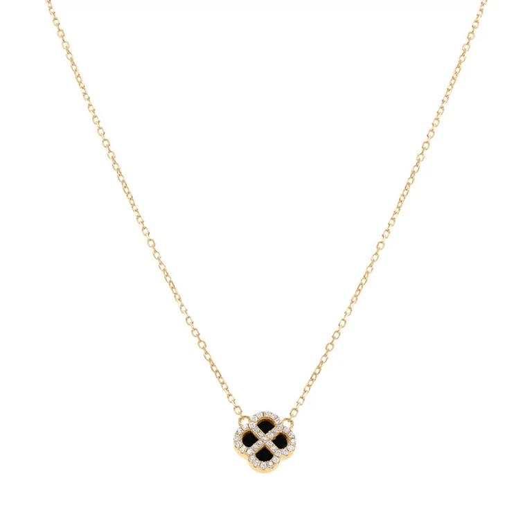 Collier trèfle à agate noir véritable, oxydes blancs – Argent 925 doré | Azuline