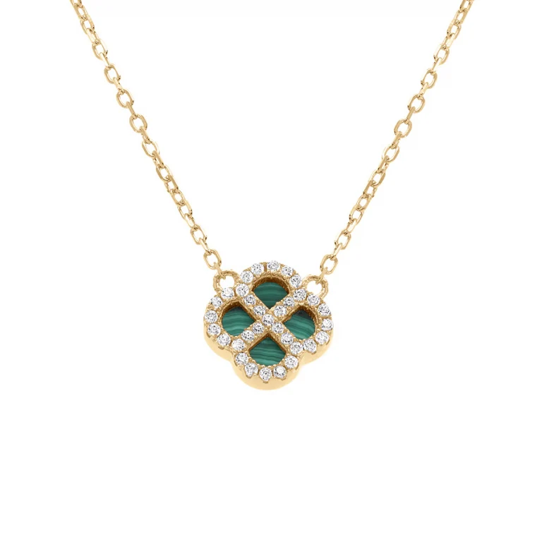 Collier trèfle à malachite véritable, oxydes blancs – Argent 925 doré | Azuline