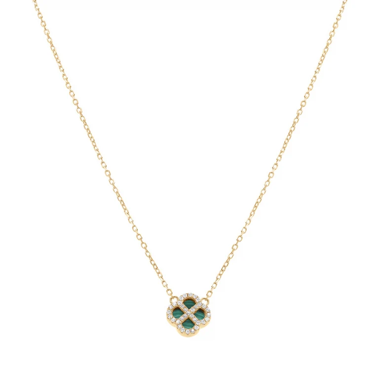 Collier trèfle à malachite véritable, oxydes blancs – Argent 925 doré | Azuline