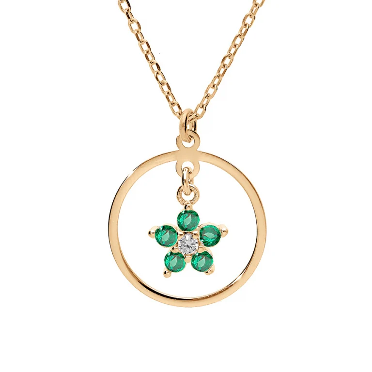 Collier fleur serti d’oxydes verts et oxyde blanc – Argent 925 doré | Azuline