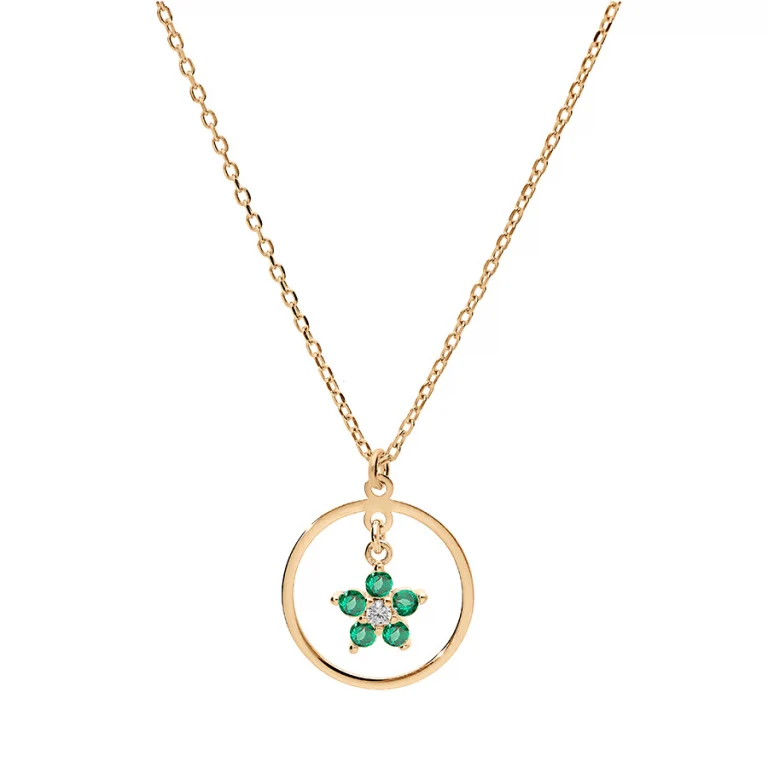 Collier fleur serti d’oxydes verts et oxyde blanc – Argent 925 doré | Azuline