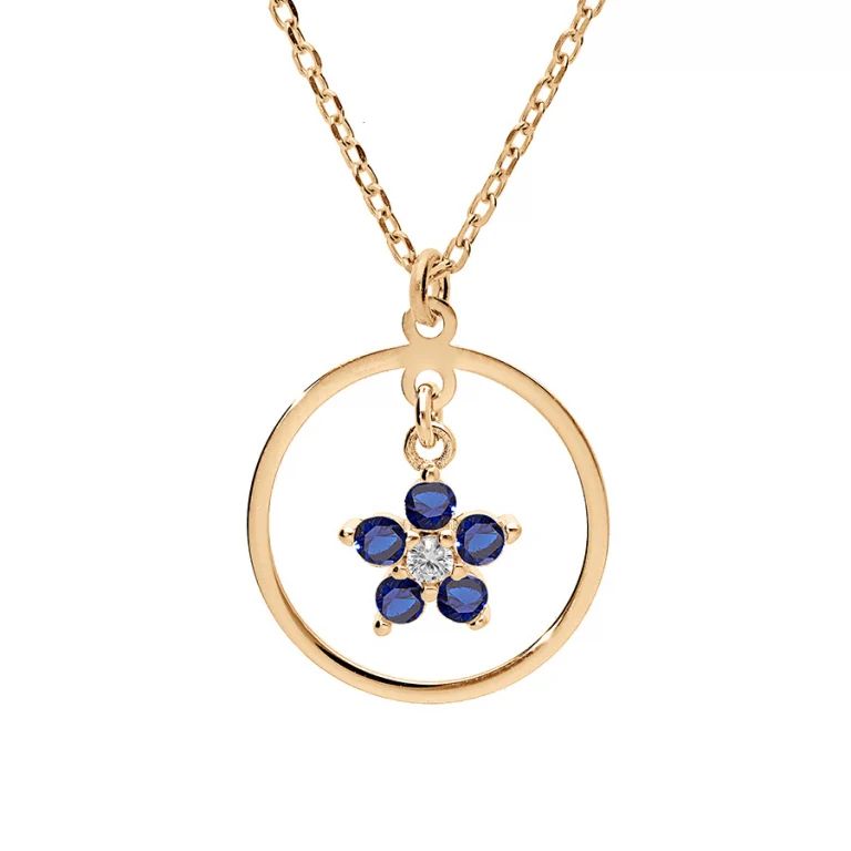Collier fleur serti d’oxydes bleus et blancs – Argent 925 doré | Azuline