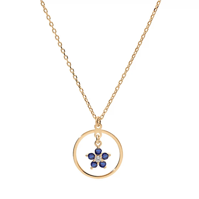 Collier fleur serti d’oxydes bleus et blancs – Argent 925 doré | Azuline