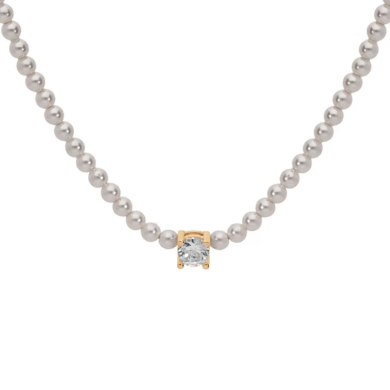 Collier perles blanches imitation et oxyde serti – Argent 925 doré | Azuline