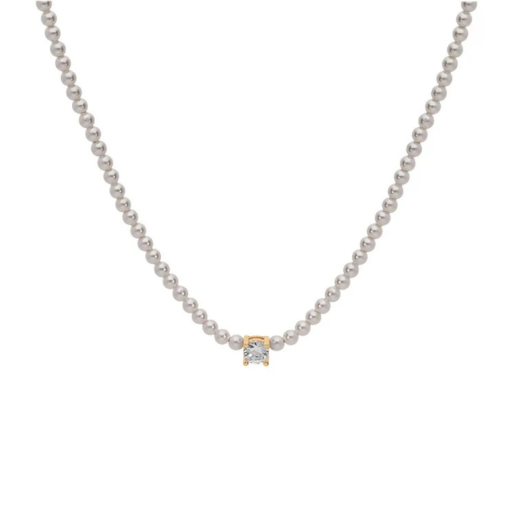 Collier perles blanches imitation et oxyde serti – Argent 925 doré | Azuline