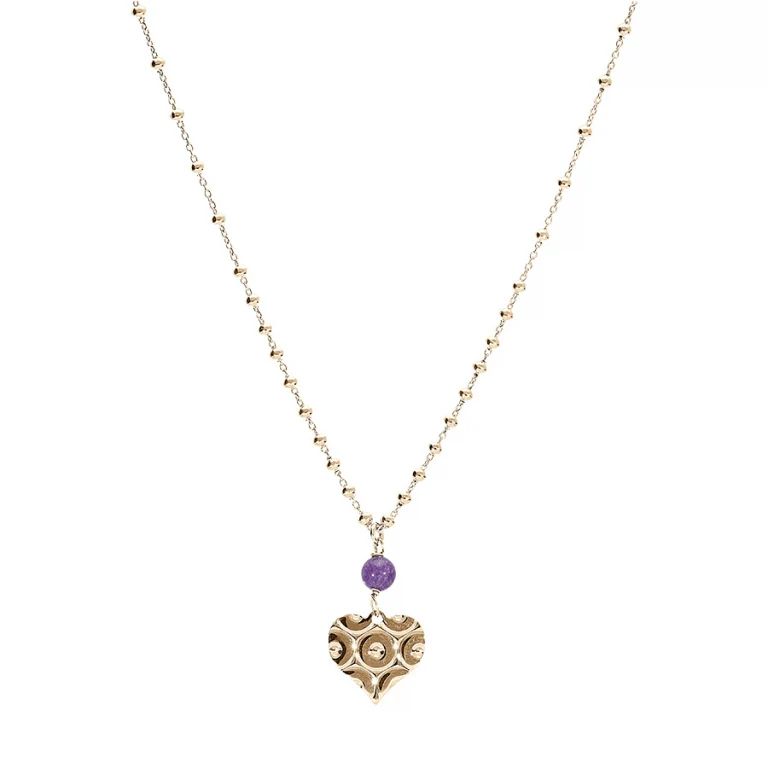 Collier cœur à boule de jade violette véritable – Argent 925 doré | Azuline