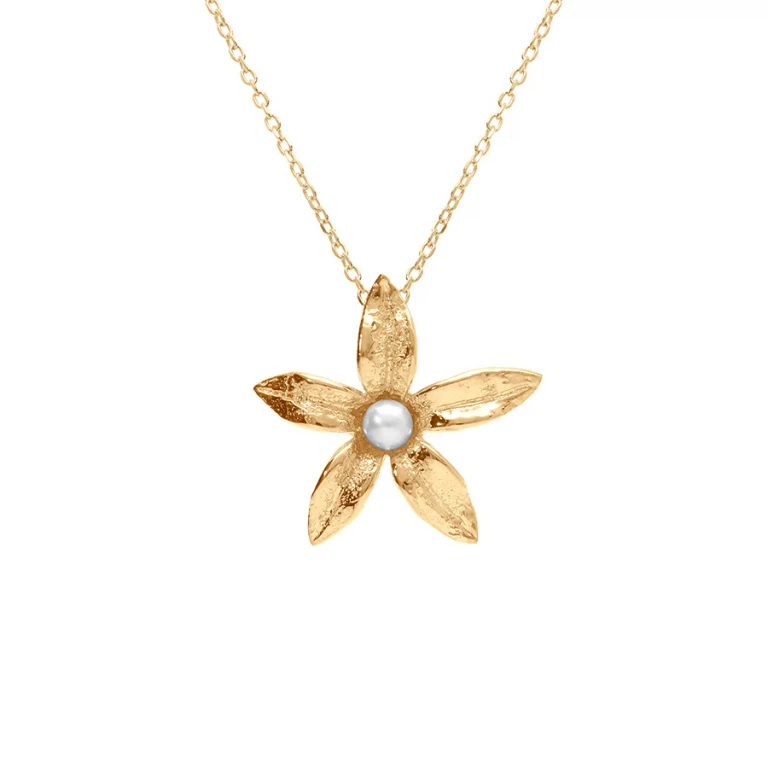 Collier fleur à perle blanche imitation – Argent 925 doré | Azuline