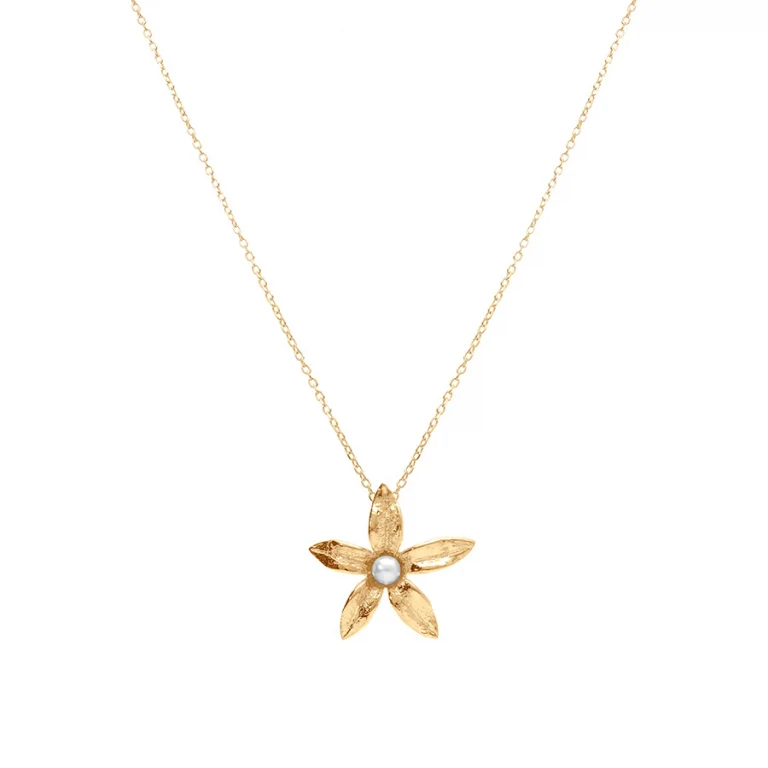 Collier fleur à perle blanche imitation – Argent 925 doré | Azuline