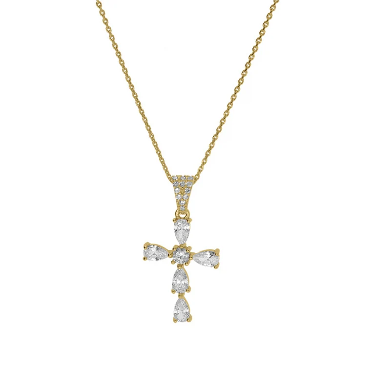 Collier croix serti d’oxydes blancs grand modèle – Argent 925 doré | Azuline
