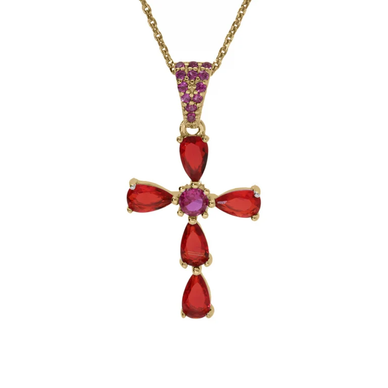Collier croix serti d’oxydes rouges – Argent 925 doré | Azuline