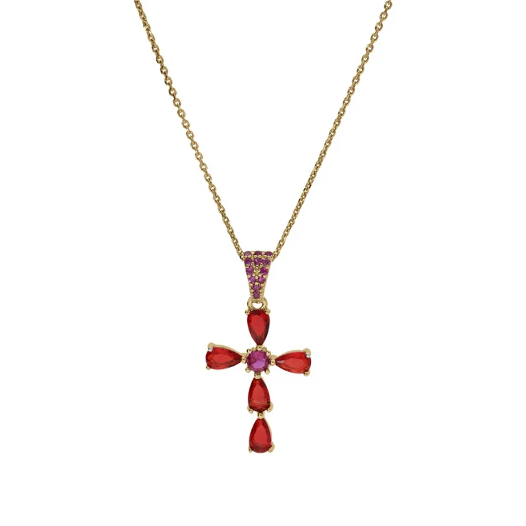 Collier croix serti d’oxydes rouges – Argent 925 doré | Azuline