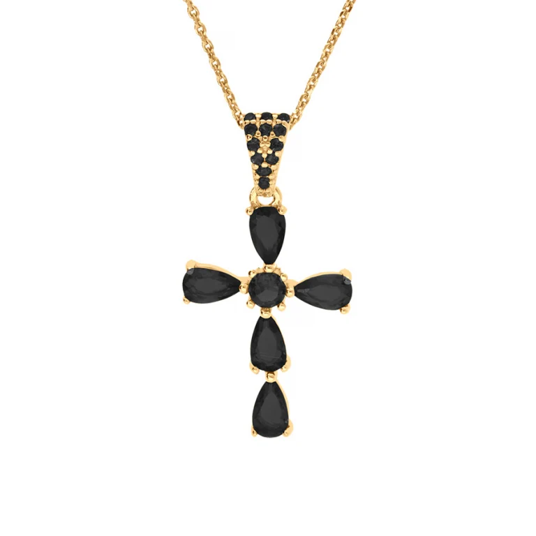 Collier croix serti d’oxydes noirs – Argent 925 doré | Azuline