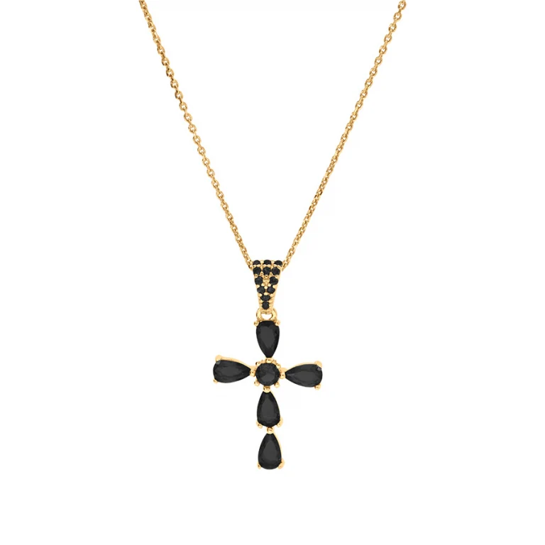 Collier croix serti d’oxydes noirs – Argent 925 doré | Azuline