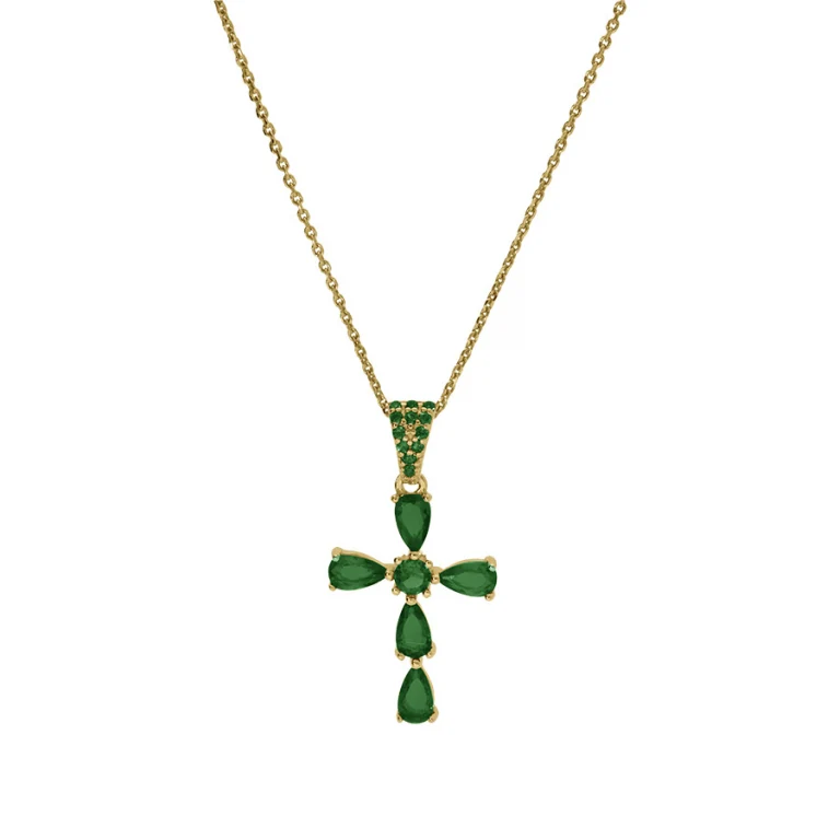 Collier croix serti d’oxydes verts – Argent 925 doré | Azuline