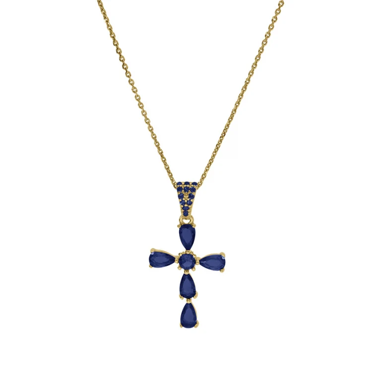 Collier croix serti d’oxydes bleus – Argent 925 doré | Azuline