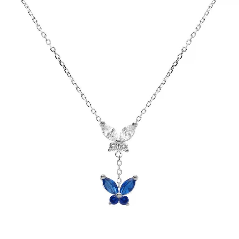 Collier papillon serti d’oxydes blancs et bleu foncé – Argent 925 rhodié | Azuline