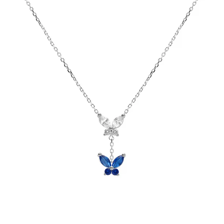 Collier papillon serti d’oxydes blancs et bleu foncé – Argent 925 rhodié | Azuline